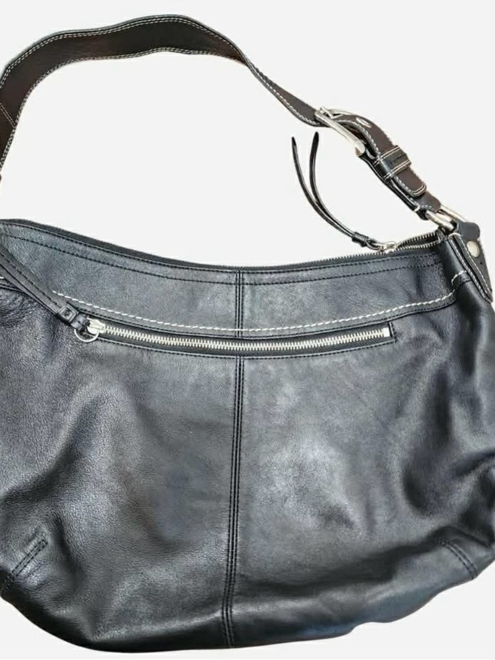Coach Black Leather Hobo Bag with Stitch Detail